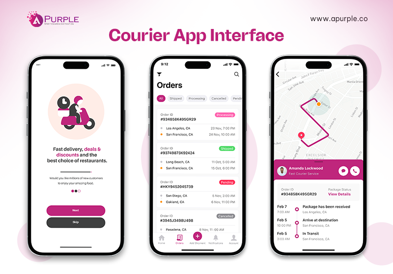 Courier panel features in food delivery mobile app